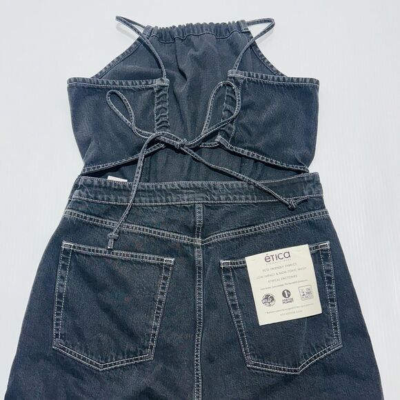 NWT ETICA Cami Halter Black Pearl Denim Jumpsuit Crop Wide Leg Size L - Picture 9 of 16